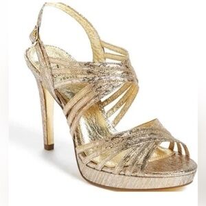 ADRIANNA PAPELL BECKA GOLD GLITTER SHIMMER PLATFORM SLINGBACK OPEN PEEP TOE SHOE